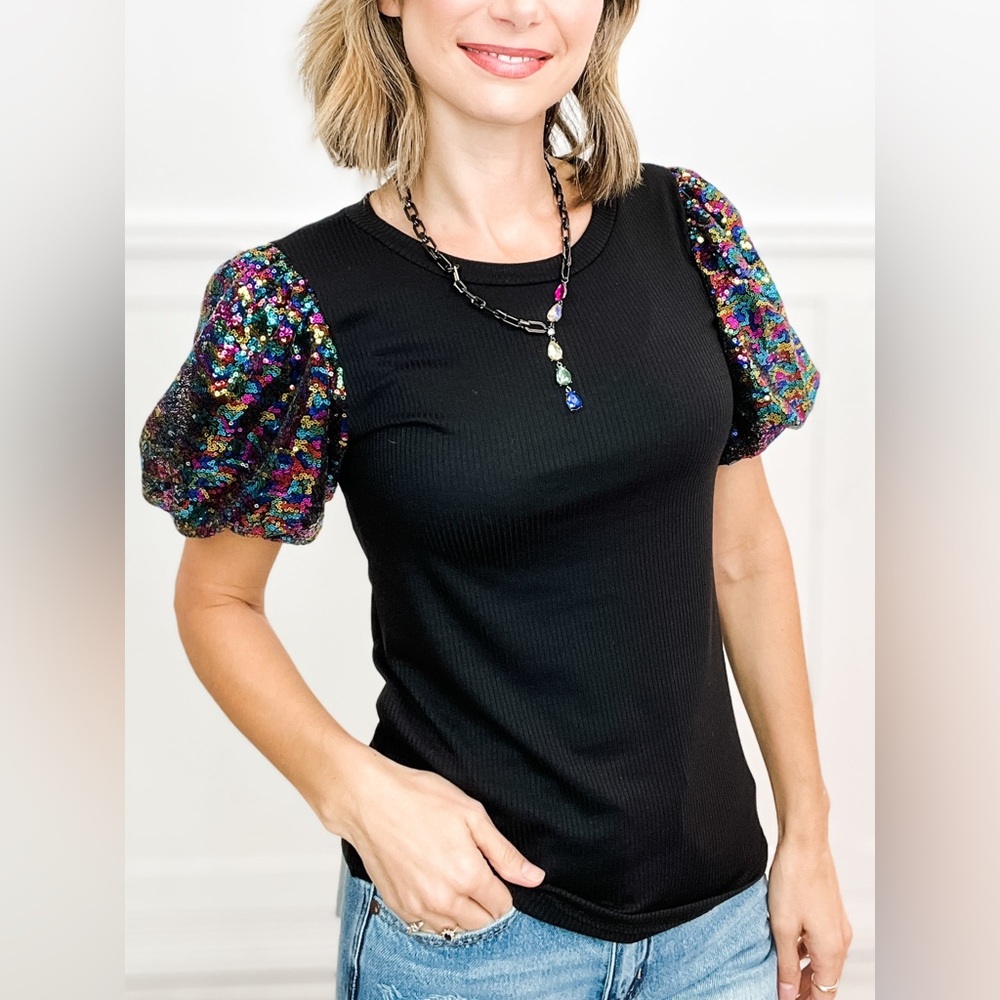 BOUTIQUE Elliana Black Multi Color Rainbow Sequin Puff Sleeve Fitted Top XL - Picture 7 of 12